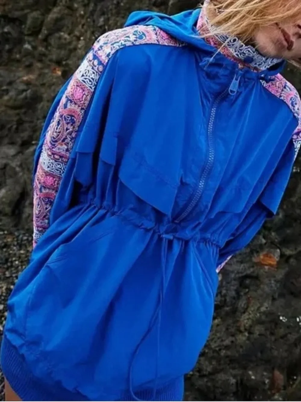 Free People She Fly Bright Blue Hooded Windbreaker with Pink Paisley Trim - Picture 2 of 4